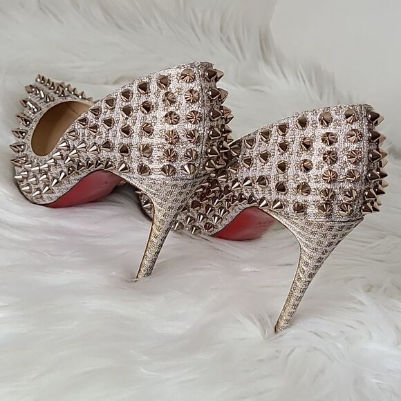Christian Louboutin Spiked Heels in Silver and Cream - Picture 3 of 16